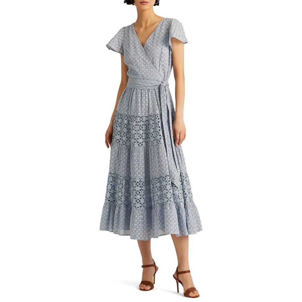 Ralph Lauren Graceful Midi Dress Eyelet Cotton Embroidered Size 8